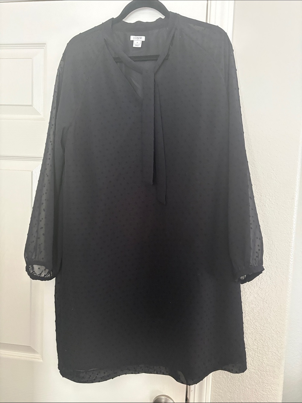 J. Crew Black Long-Sleeve Swiss Dot Tie-Neck Shift Dress